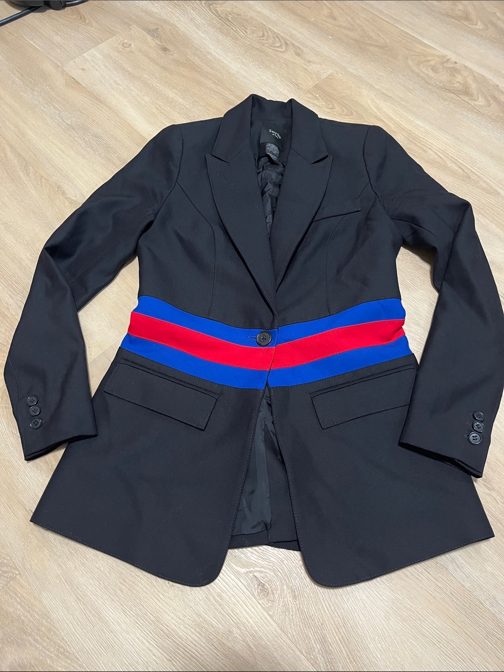 Symthe Black Wool Blazer With Red Blue Elastic Waist Size 2